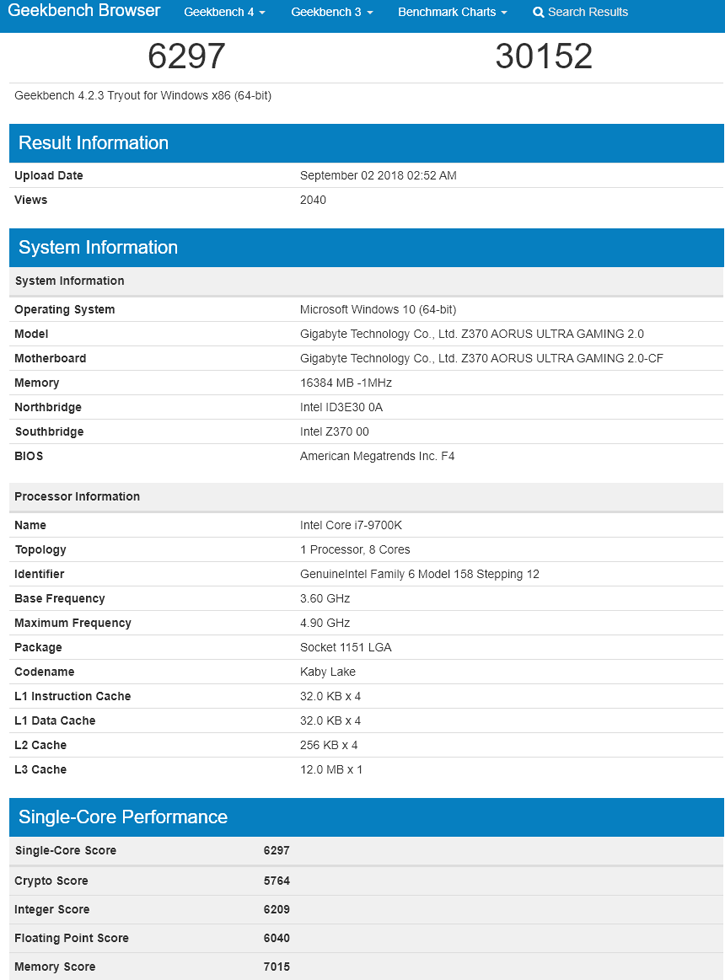 core i7-9700K geekbench
