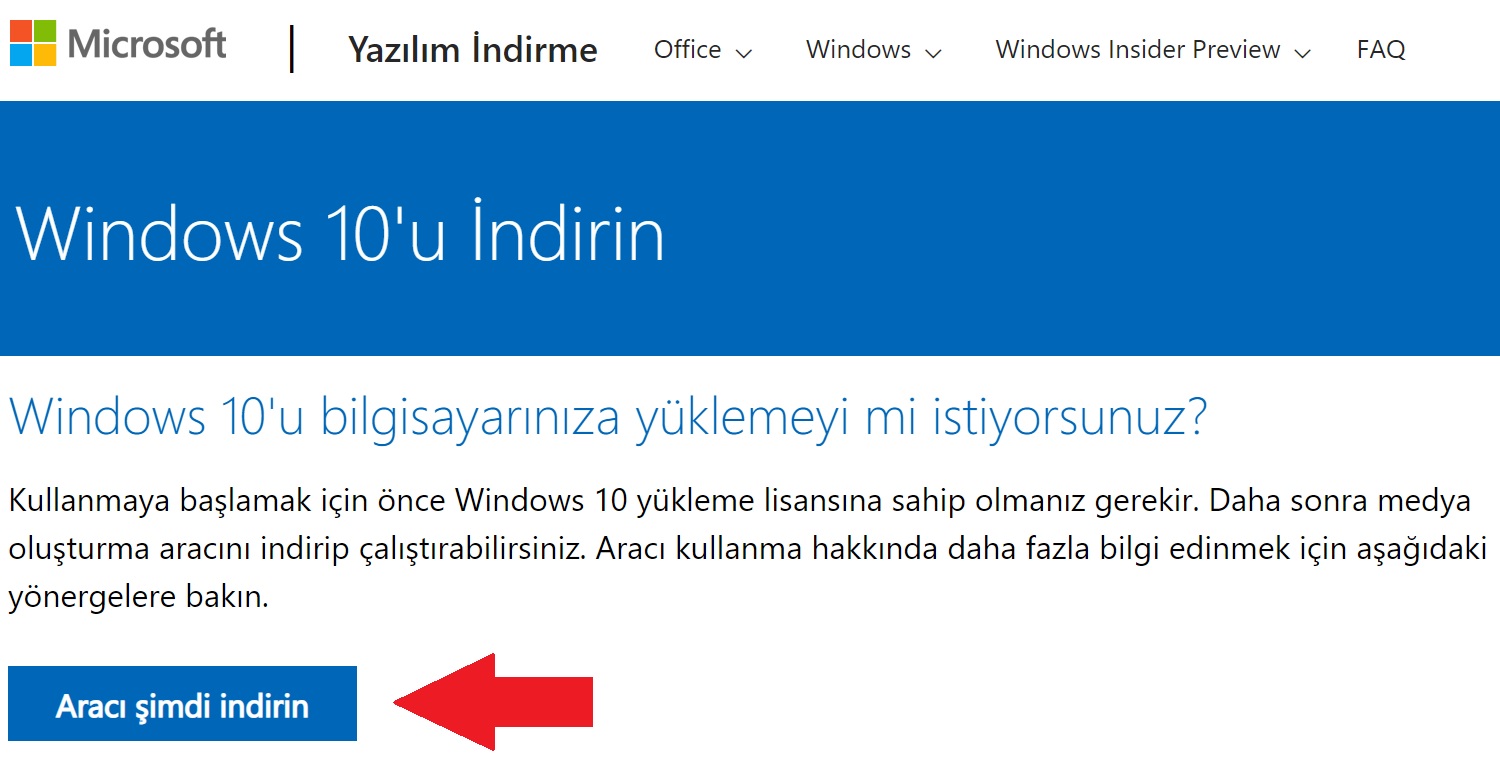 Windows 10 işletim sistemini usbye indir