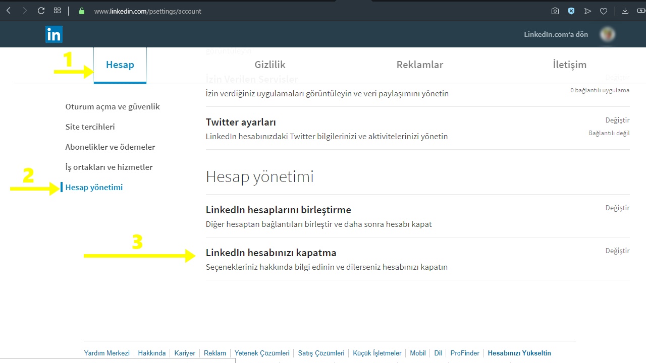 linkedin kapatma