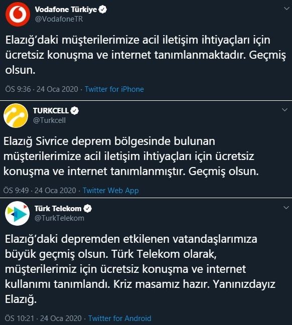 elazığ depremi operatörler harekete geçti