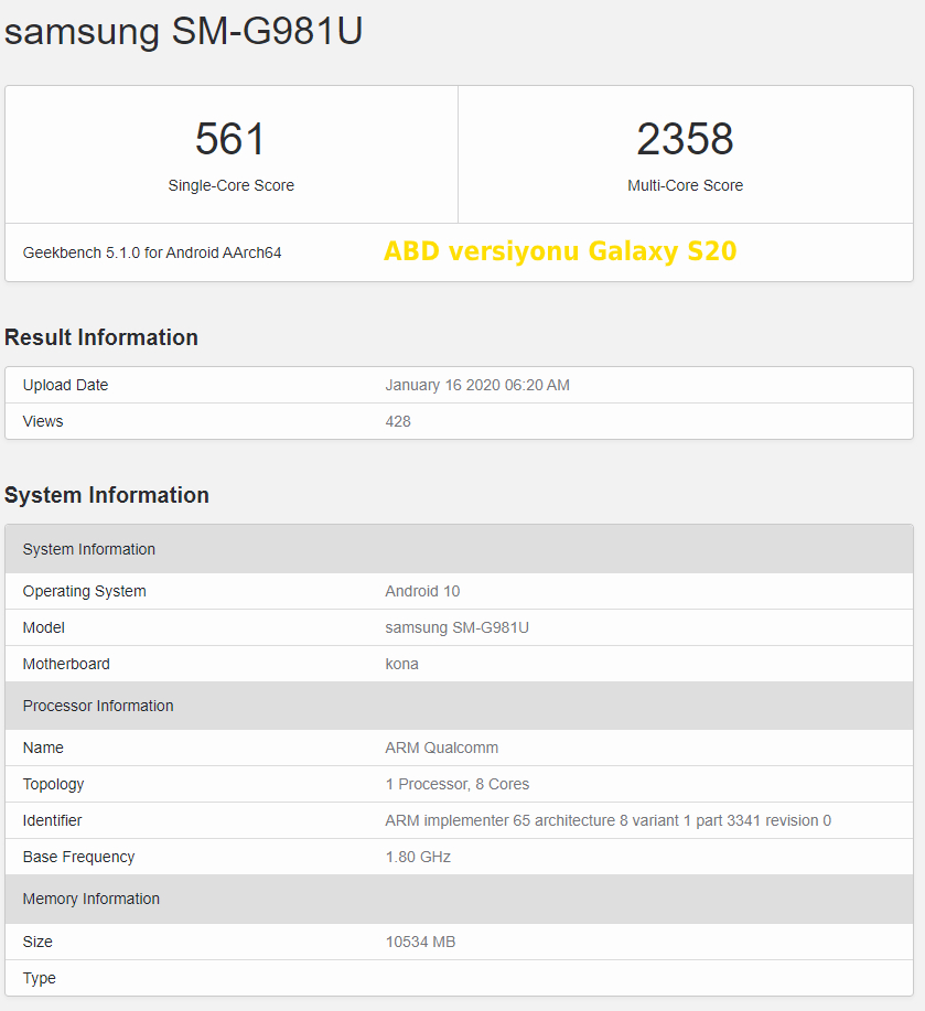 galaxy s20 geekbench 5