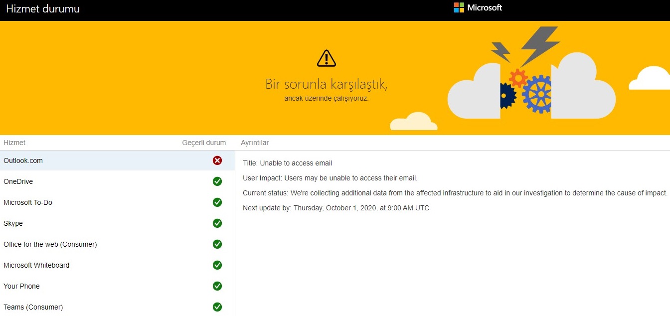 microsoft outlook çöktü