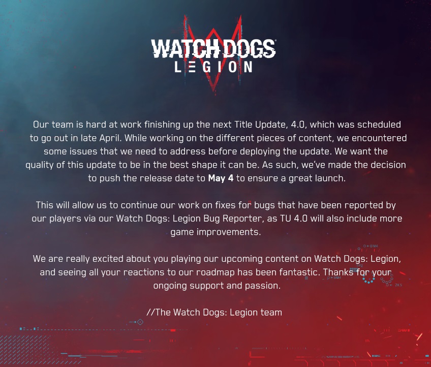 Watch Dogs Legion 4.0 güncellemesi ertelendi